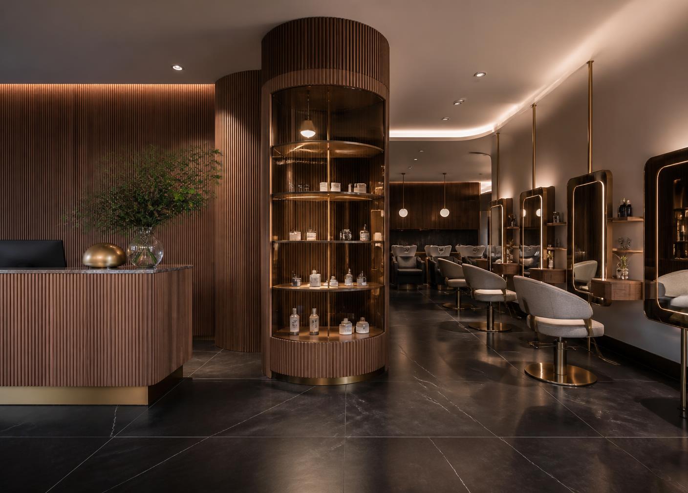Premium salon interior with fluted wood and brass